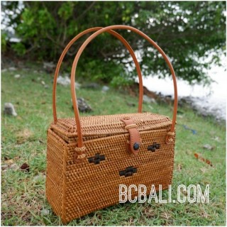 square handmade rattan grass natural tote bags purse motif flower strap